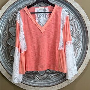 POL Peach and White Floral Lace Blouse